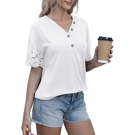 Women's Summer Casual Lace Short Sleeve Button Top