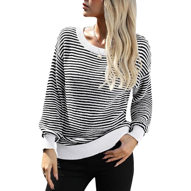Batwing Sleeve Crew Neck Striped Sweater