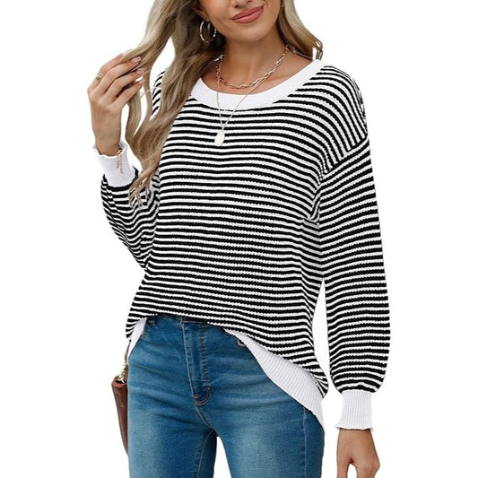 Batwing Sleeve Crew Neck Striped Sweater